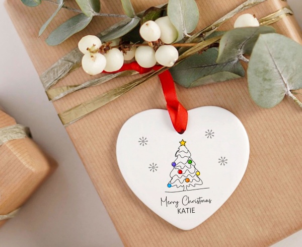 Personalised Name Christmas Tree Line Art Ceramic Keepsake Ornament
